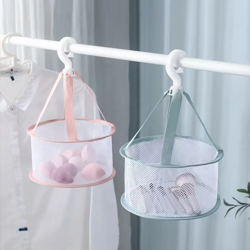 원형 메쉬 걸이식 건조 바구니, 접이식 메쉬 건조기, 메이크업 스펀지, 브라, 양말용, 공간 절약형 걸이식 세탁물 정리함