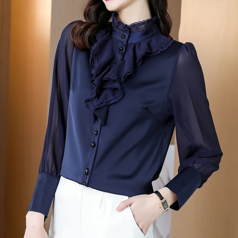 Dark Blue Chiffon Lace Long Sleeve Women Blouse