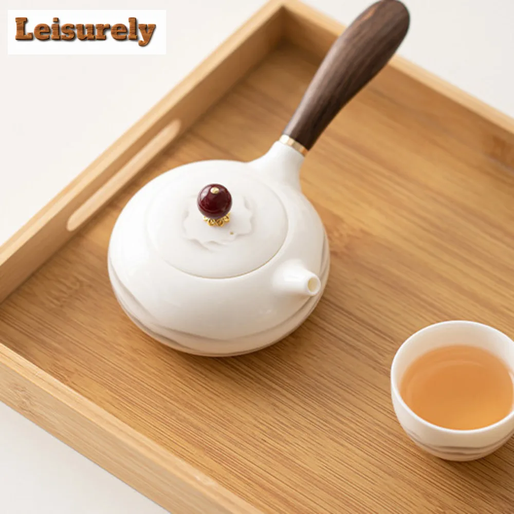 200ml Mutton-fat Jade Porcelain Side Handle Teapot Elegant Ink Far Mountain Pot Tea Brewing Kettle Chinese Tea Set Collection