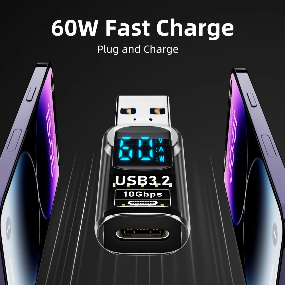 USB 3.2 Digital Display Adapter 10Gbps USB-A to USB-C 60W Fast Charging Data Transfer For PC Laptop LED Male to Female Converter