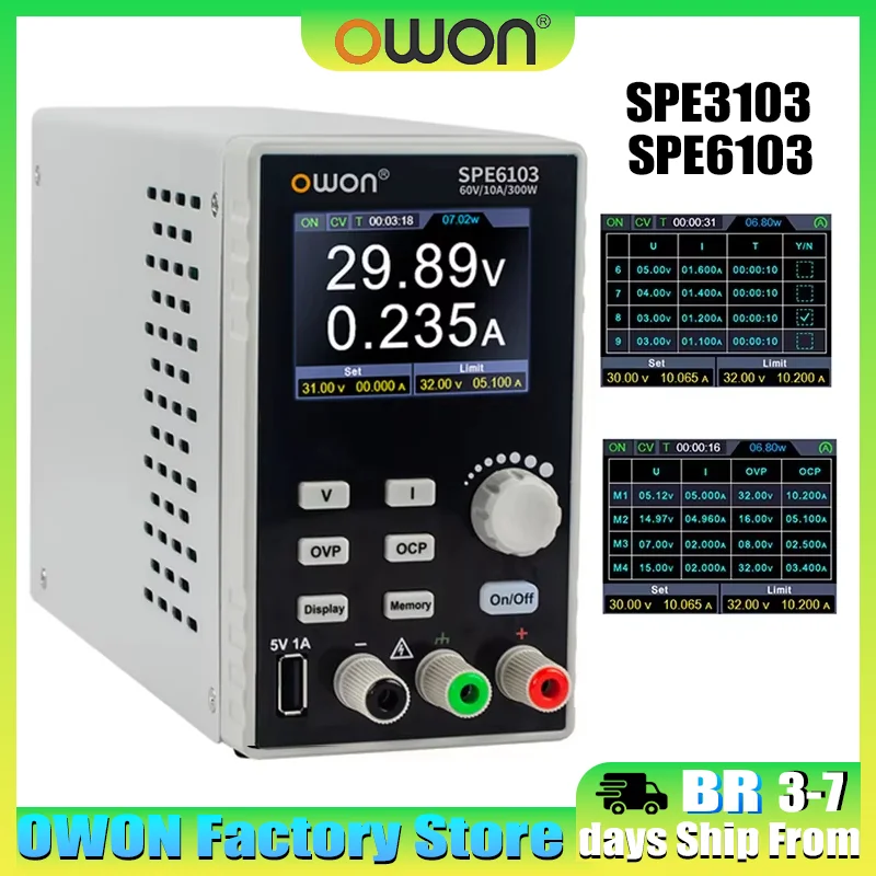 Fonte de Alimentação DC Programável OWON SPE3103/SPE6103, Estabilizador de Tensão Digital com Tela de 2.8 Polegadas, Estabilizador de Energia DC 300W