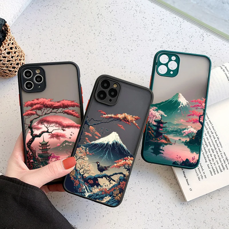 Japanese Aesthetic Mount Fuji Landscape Map Phone Case For iPhone 7 8 Plus 14 13 12 11 15 Pro Max Mini XR XS X Shockproof Cover