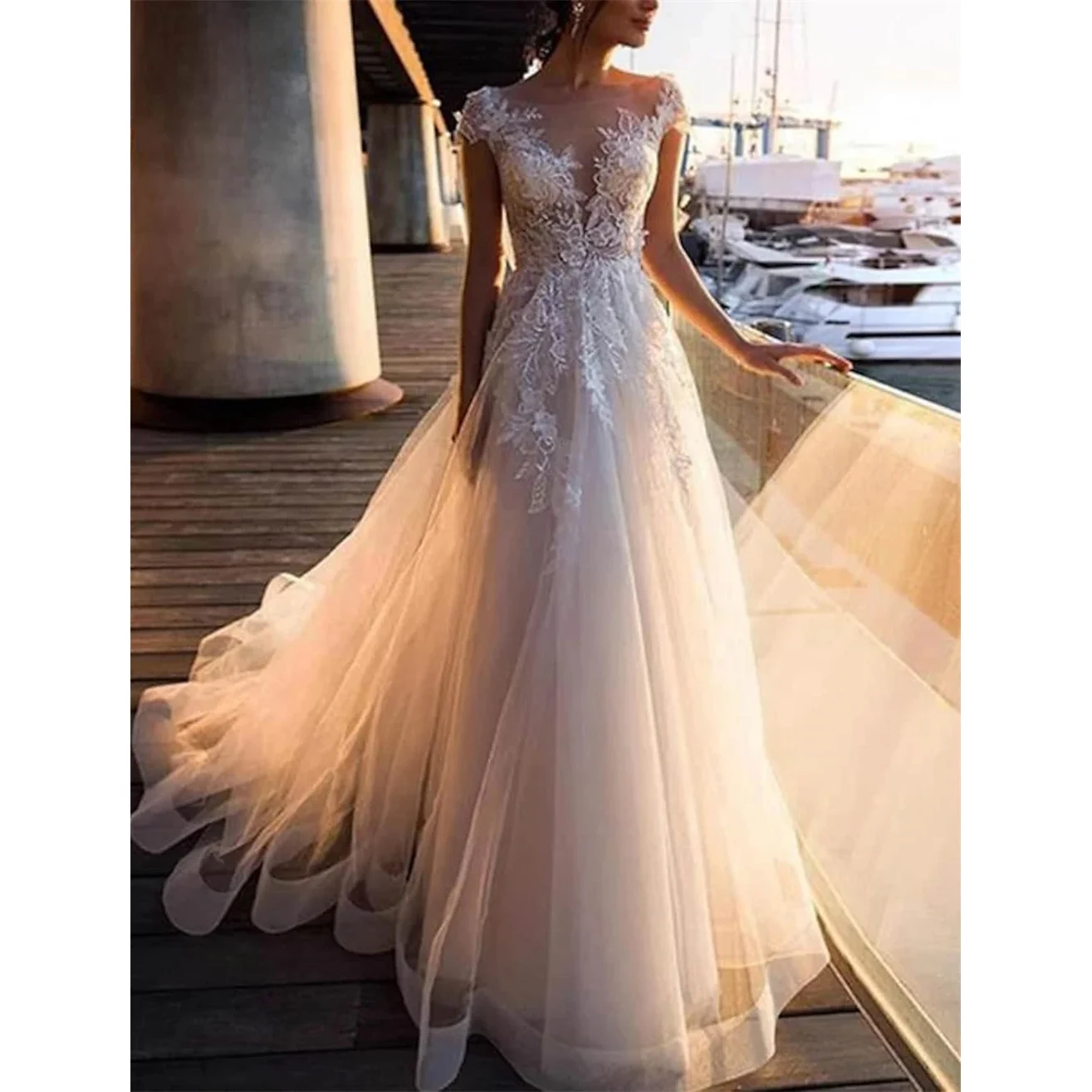 

KSDN Elegant Evening Dress Appliques Sweetheart Short Sleeve A-Line Organza Floor Length Formal Wedding Gown Luxury Dresses