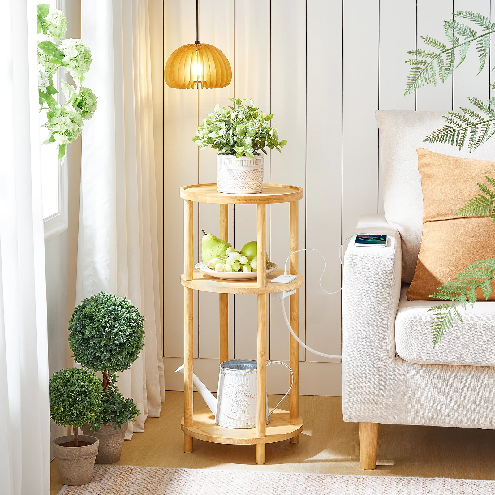 Round Side Table with Charging Station 3-Tier Bamboo Small Sofa Table Small Table Bedside Table with 1 Outlet and 2 USB Ports