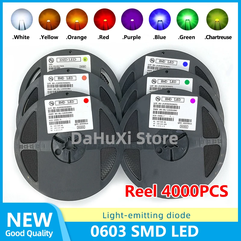 Bobina 4000 Pz Diodo A Emissione Luminosa 0603 Led Giallo Rosso Verde Blu Bianco Arancione Viola Chartreuse Smd
