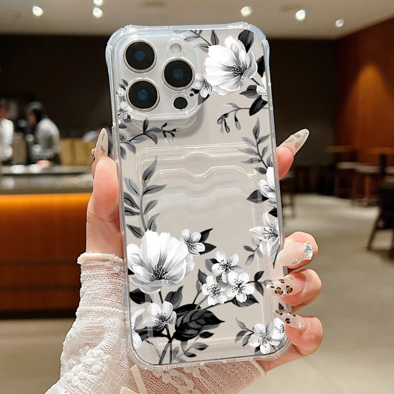 Floral Shockproof Silicone Phone Case with Card Slot Pocket