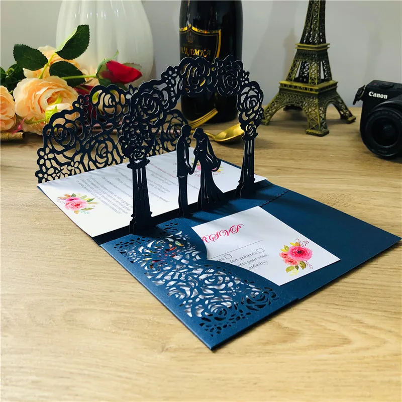 Description Picture 6 of item10 pieces 3D Pop-Up Light Blue Wedding Invitation Card, Tri-folded Laser Cut Pocket Bride & Groom Greeting Invite Cards IC144