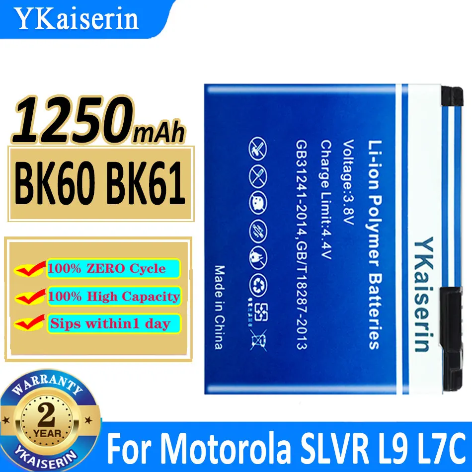 

Аккумулятор ykaisсеребрин BK60 BK61 1250 мАч для Motorola SLVR L9 L7C L71 L72 W510 Q700 A1600 A1800 EM30 EX112 EX115