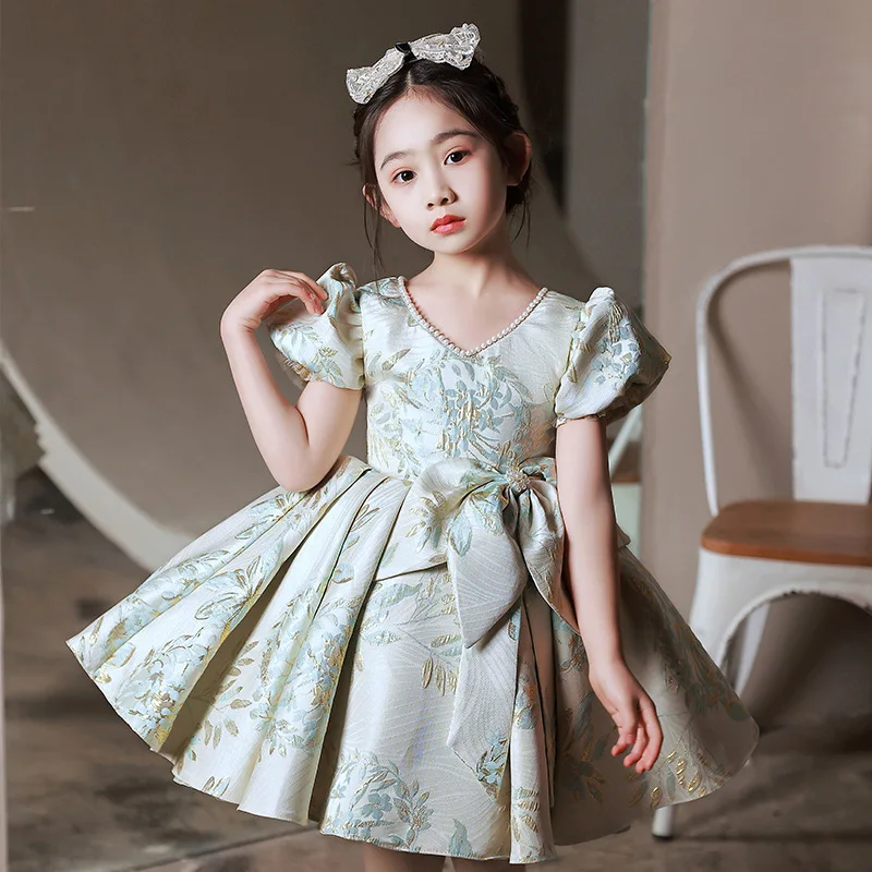 

Baby Girls Spanish Vintage Court Princess Dress V-Neck Beaded Puff Sleeve Bow 1st Birthday Party Gown Children Clothing y334