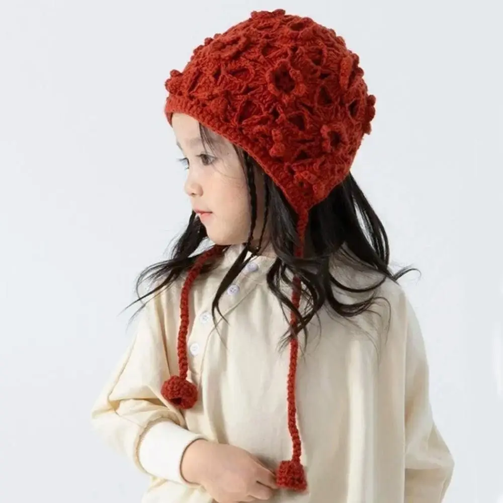 Breathable Handmade Knitted Hat Hollow Flower Crochet Skullies Hat Casual Versatile Princess Cap for Unisex Girls