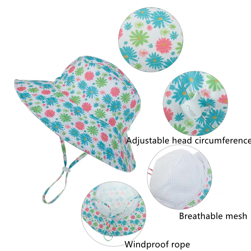 Adjustable Soft Cotton Sun Hat for Kids Boys Girls, Breathable Outdoor Beach Bucket Hat with Windproof Rope, Baby Children Cap