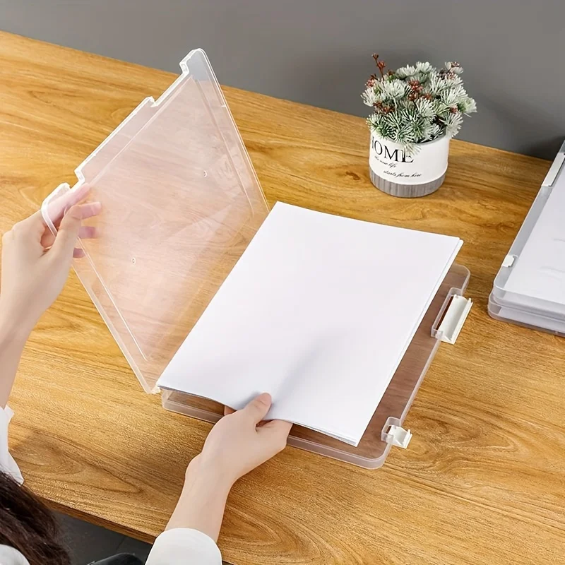 1pc A4 File Storage Box Waterproof Dustproof Document Data Box Transparent Double Snap Plastic File storage box