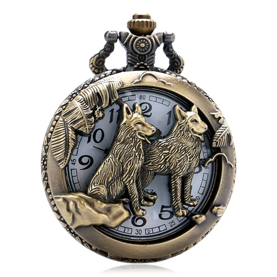 Retro Vintage Bronze Dog Wolf Hollow Quartz Fob Pocket Watch Con Collana Catena Cool Ciondolo Orologio Regalo Per Uomo