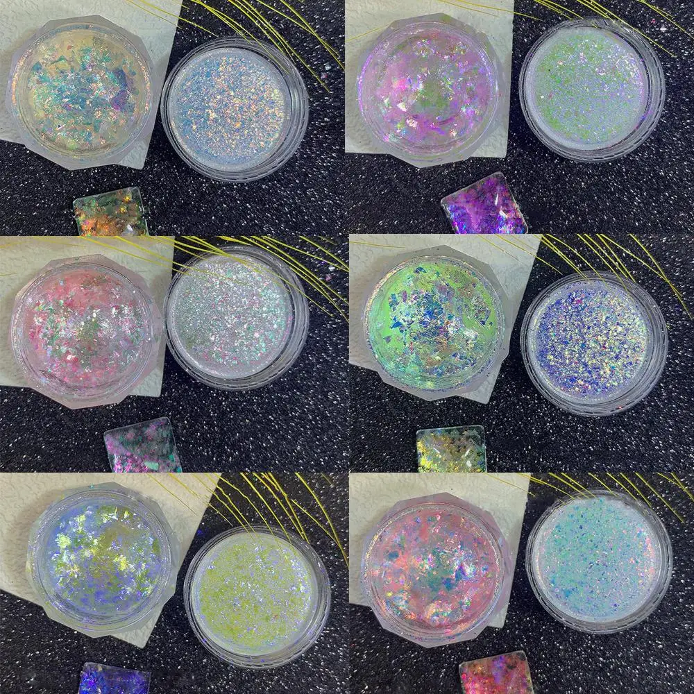 1Jar Shiny Mermaid Opal Powder Aurora Nail Glitter Chameleon Yuki Nail Paillettes Opal Flakes Glitter Powder Pigment Nail Art Tools