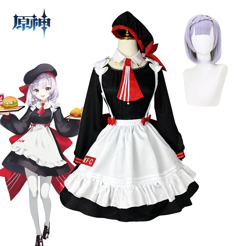 

Anime Genshin Impact Noelle Cosplay Costume Dress Halloween Cosplay Carnival Lolita Maid Uniform Hat and Large Bow Wig Full Set