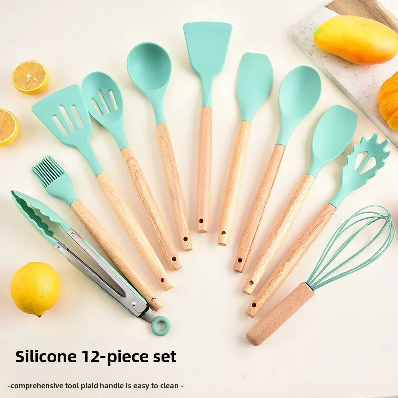 12-Piece Silicone Kitchen Utensil Set Wood Handle Non-Stick Cookware Storage Tube Home Cooking Tools Set