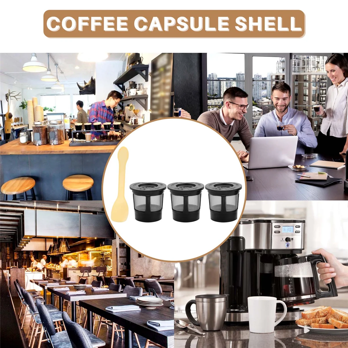 3 Pack Permanent Reusable Coffee Pod Filters Stainless Mesh Compatible with Keurig Brewers Spoon