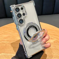 Luxury Magnetic Plating Case For Samsung Galaxy S25 S24 S23 S22 S20 FE Note 20 Ultra Stand Shockproof Transparent Back Cover