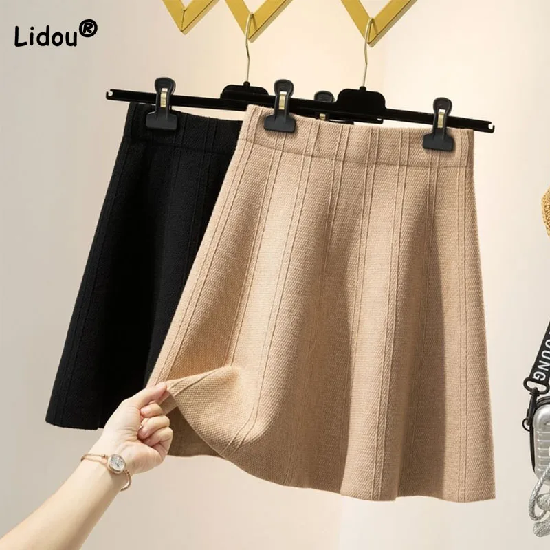 Fashion Female Solid Color Mini Knitted Skirt Autumn Winter Women's Clothing Korean Simplicity Elastic High Waist A-Line Skirt fashion casual women s solid color jumpsuits summer short sleeve simplicity all match lace up waist jumpsuits female clothing