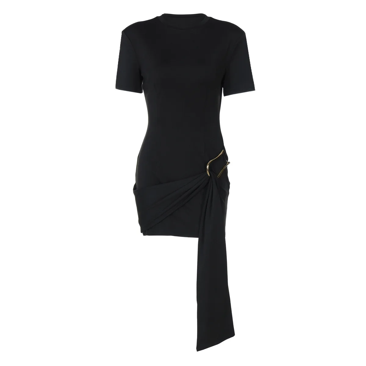 Fashion New Women's Slim-fit Crew Neck Short Sleeve Hip Wrap Dress Metal Buckle Decorative Elegant Short Casual Black Skirt