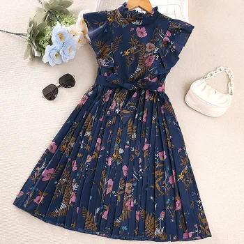 Kids Floral Print Casual Dress for Girls Summer 2023 New Children Sleeveless Princess Pleated Dress with Belt Clothing 7-14Y 1