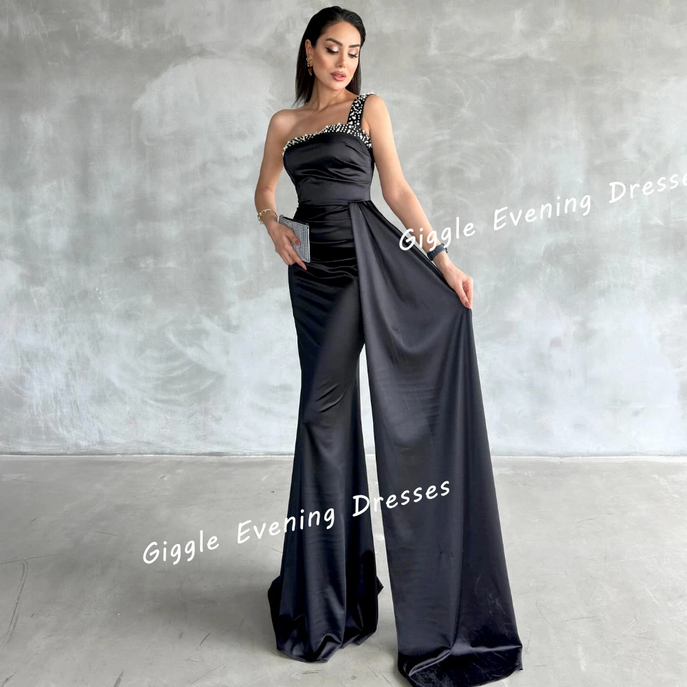 

Giggle Satin One-Shoulder Beading Elegance Prom Gown Saudi Close-Fitting Arab Floor-Length Evening Party Dresses for Women 2024