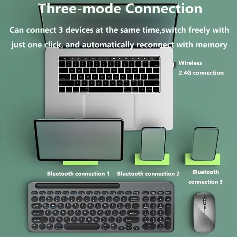 Bluetooth 무선 충전식 키보드 마우스 콤보, Windows Mac PC 노트북용 전화 홀더가 있는 인체공학적 자동 디자인