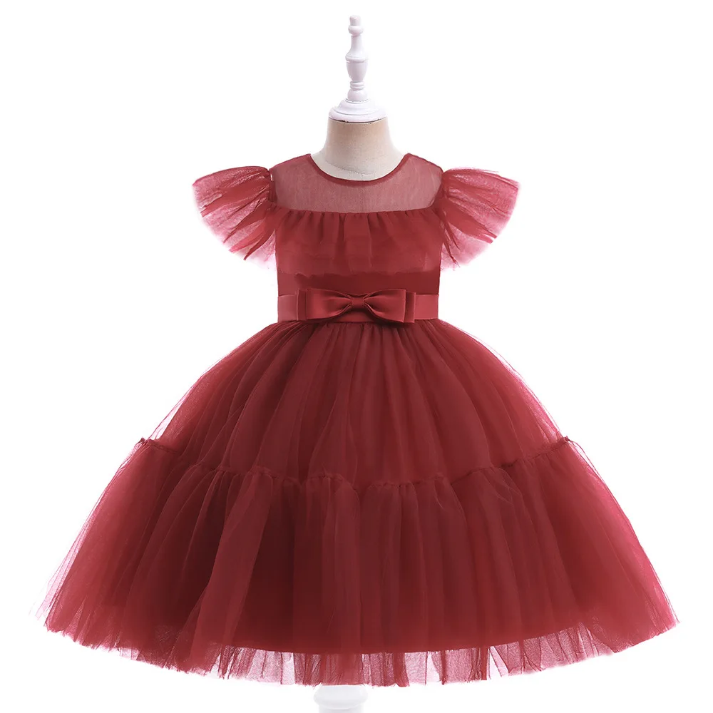 

Elegant Dress For Girls 2023 New Bow Party Baby Girls Wedding Evening Kids Dresses Christmas Piano Performance Mesh Dresses 4-7Y