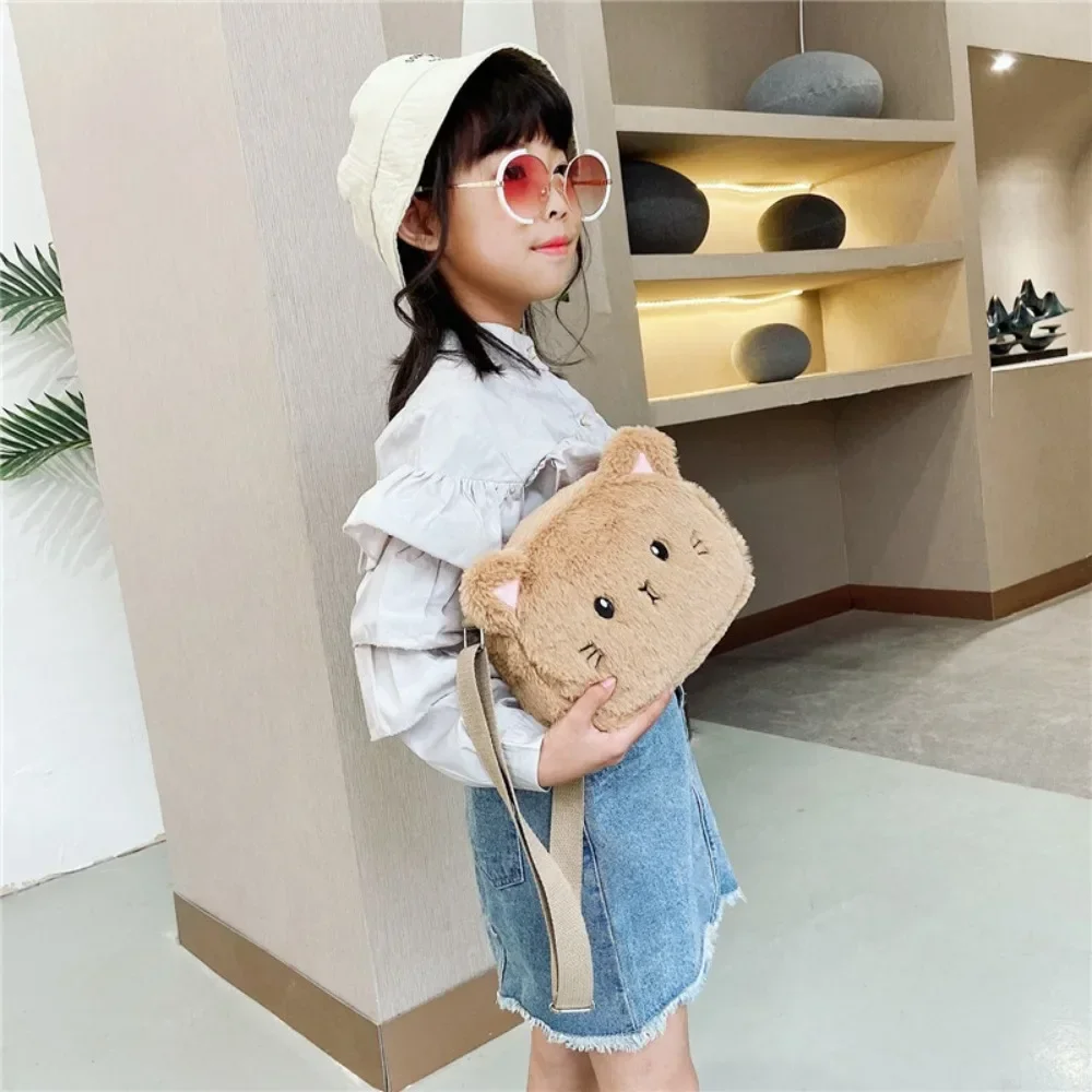 Cute Cartoon Cat Crossbody Bag for Baby Girls - Plush Winter Animal Shape Shoulder Bag, Small Coin Purse Наклонная сумка