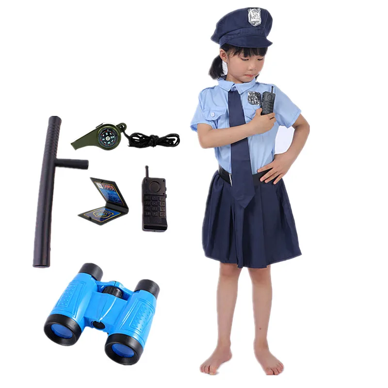 Girls Police Dress Officer Uniform Halloween Costume Police Toys Accessories with Walkie Talkie Whistle Baton Prop Gift cosplay costume
