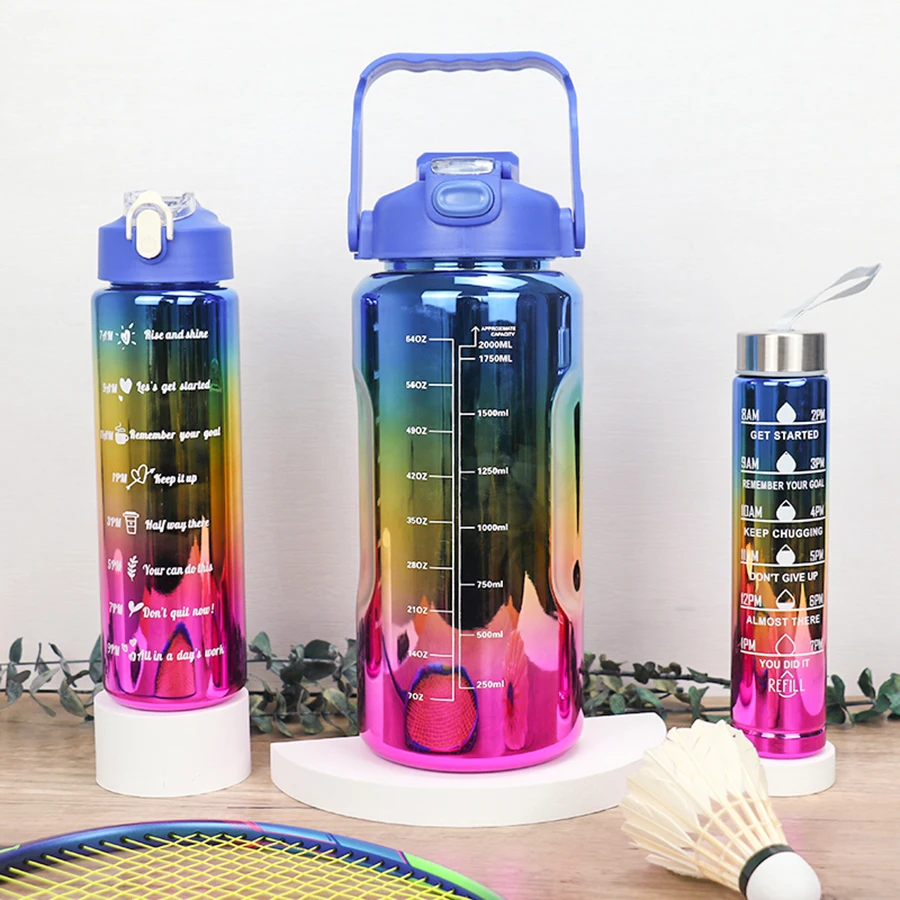 Set of 3 Leak-Proof Electroplated Gradient Water Bottles with Straws and Time Markers - Ideal