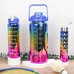 Set of 3 Leak - Proof Electroplated Gradient Water Bottles with Straws and Time Markers - Ideal (Blue)