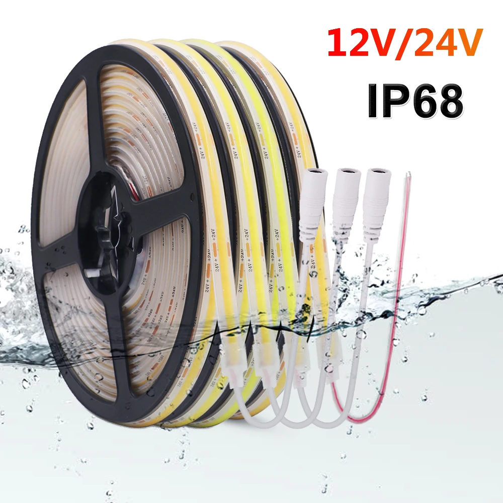 

DC 12V 24V COB LED Strip IP68 Waterproof 320LEDs/m Super Bright Flexible FCOB LED Tape Diode CRI 90 Underwater Lights 0.5m-20m