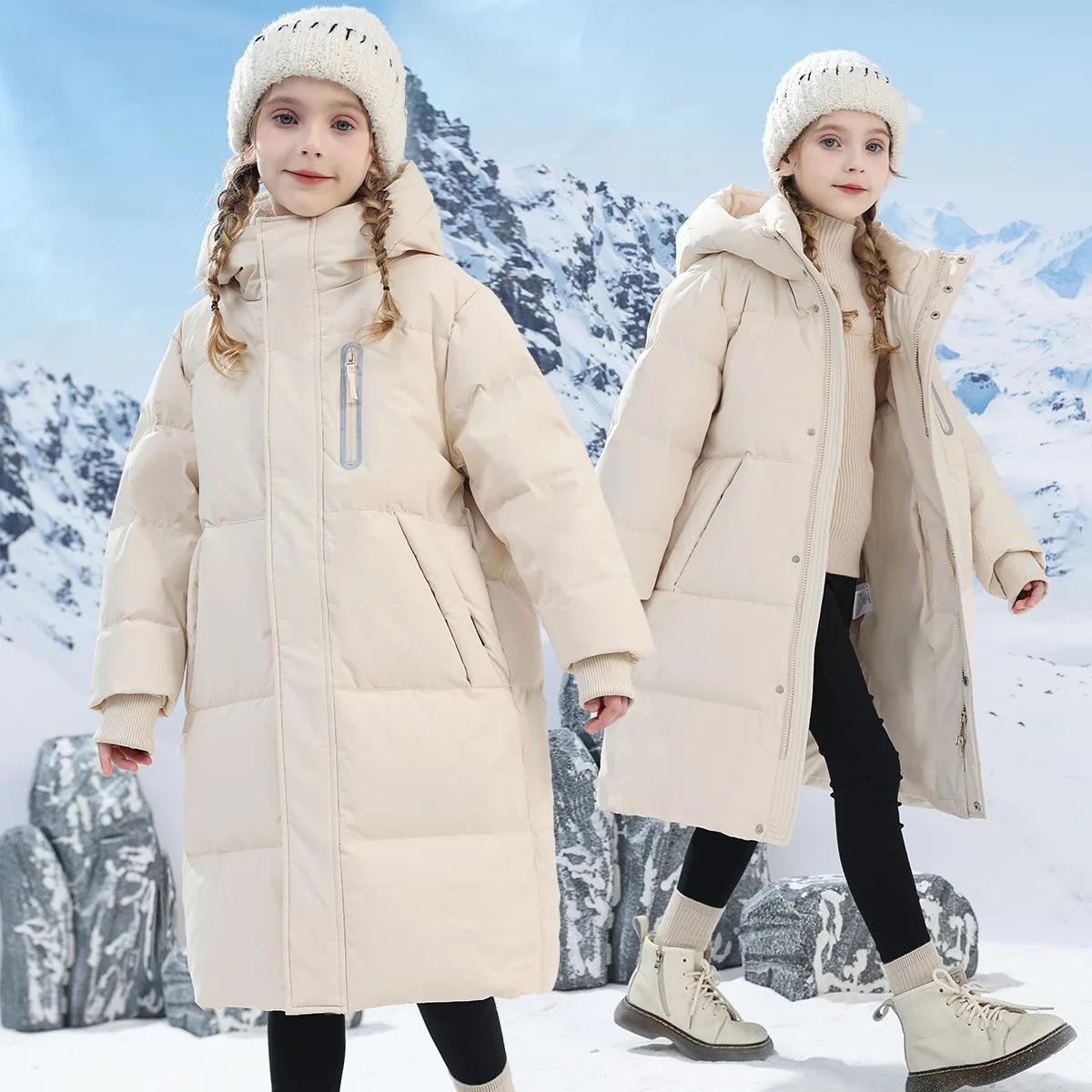 Children Clothing Winter Down Cotton Jacket For Girls Over Knee Thick Snowsuit Kids Warm Parka Black Red White TR291