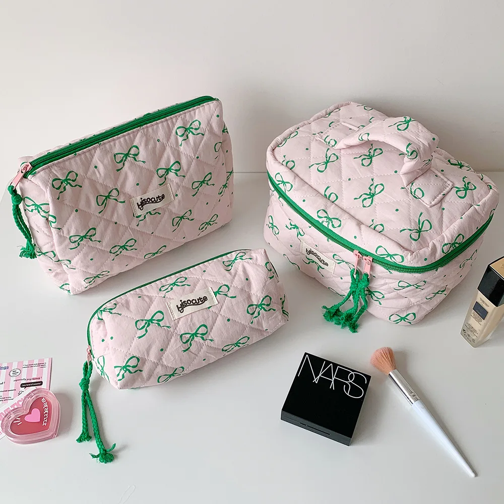 Green Pink Contrasting Bow Makeup Bag Large Capacity Portable Travel Toiletry Bag Storage Bag 3