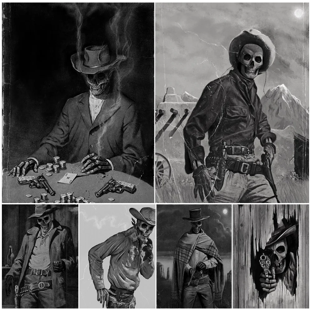 

Cowboy Showdown,Vintage Wall Art Canvas Painting,The Life Of A Skeleton Cowboy,Gothic Art Poster Print,Home Decoration,Unframed