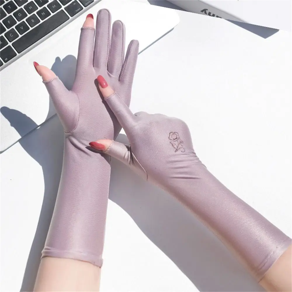 Women Girls Mid-long Sunscreen Gloves Summer Spring Thin Elastic Anti UV Driving Gloves Slip Resistant Etiquette Gloves