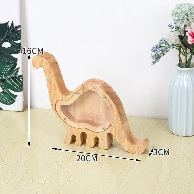 Wooden Animal Piggy Bank Transparent Cat Elephant Dinosaur Wood Carving Piggy Bank Children Piggy Bank Storage Jar Desktop Decor