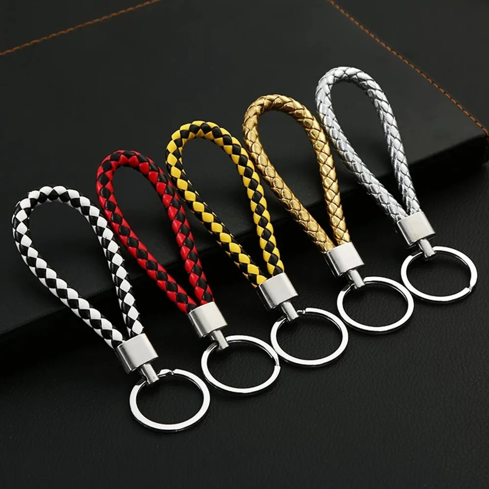 Colorful Pu Leather Braided Woven Rope Keychains Double Rings Fit Diy