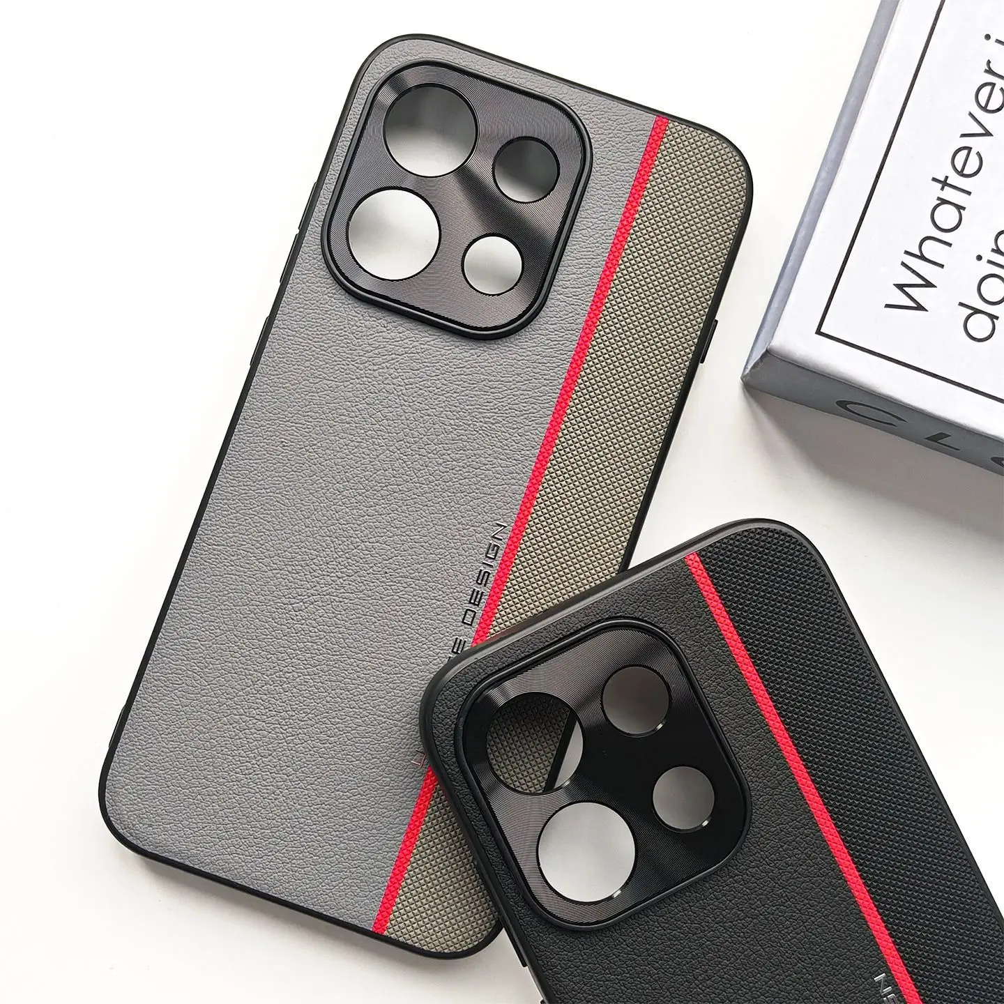 Stylish Red Line Textured PU Leather Phone Case with Metal Camera Protection and Shockproof Design