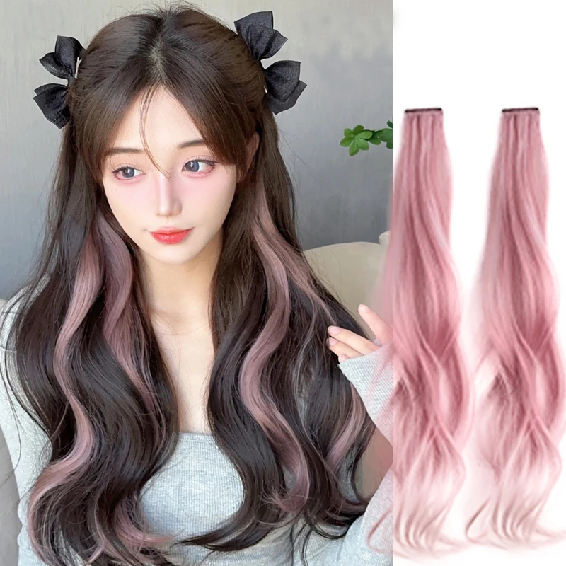 Long curly hair Color Hair Piece Hair Extensions Clip In Highlight Rainbow Hair Streak Pink Synthetic Hair Strands on Clips ailiade hair topper piece human hair mixed synthetic hair 3 clips in one piece hair extension wate wave hairstyle female wigs