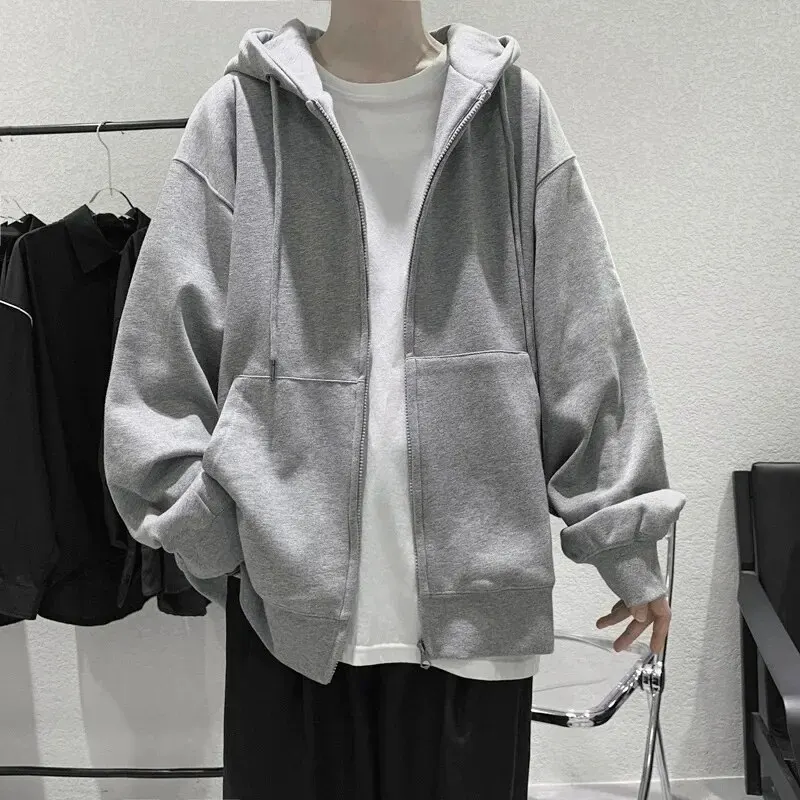 남성용 용수철 퓨어 컬러 후디, 오픈 가디건, 레트로 캐주얼, 다목적 상의, 하이 스트리트 패션 코트, 가을
