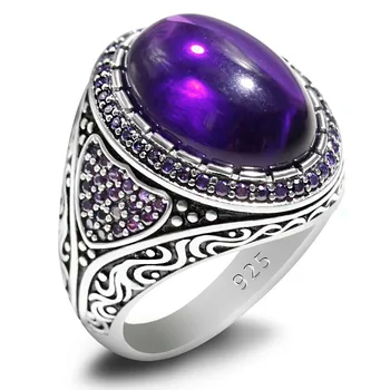 New 925 Sterling Silver Men's Türkiye Women's Handmade Ring Natural Amethyst Retro Luxury Christmas Party Jewelry Gift