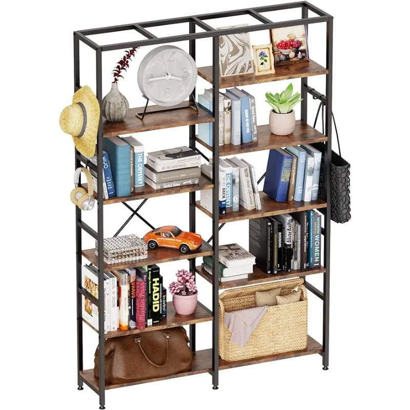 

Monesti Bookshelf, 5 Tier Bookcase with 6 Hooks, Book Shelf for Bedroom, Living Room, Study and Home Office(Rustic Brown).