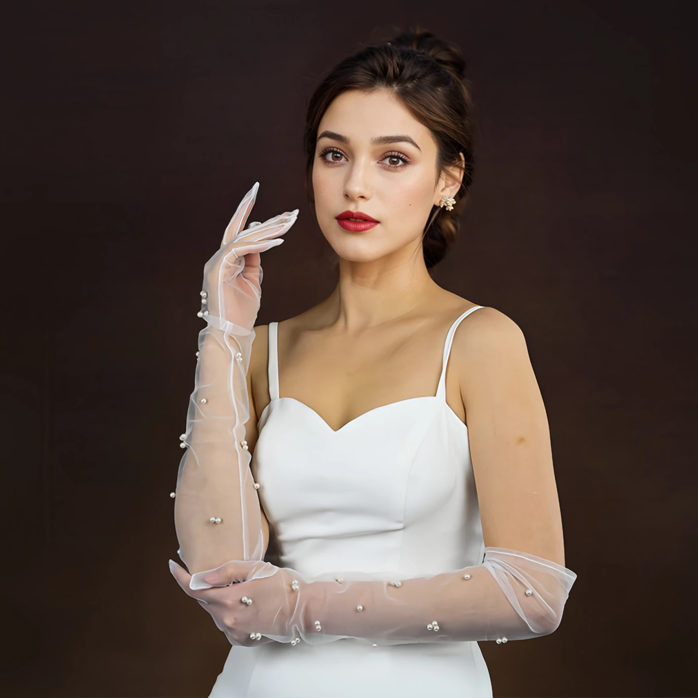 Vintage Transparent Wedding Gloves Pearls Long Elbow Mittens Mesh Arm Covers Women Party Bridal Dress Accessories Photo VPM07