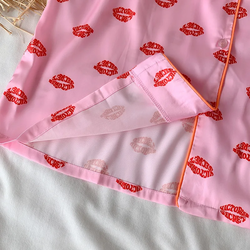 Cute Lips Elegant Pamas Set for Women Two Pieces Satin Silk Home Clothes Night Wear Summer Ladies Shorts Pjs Lounge_voghion.com