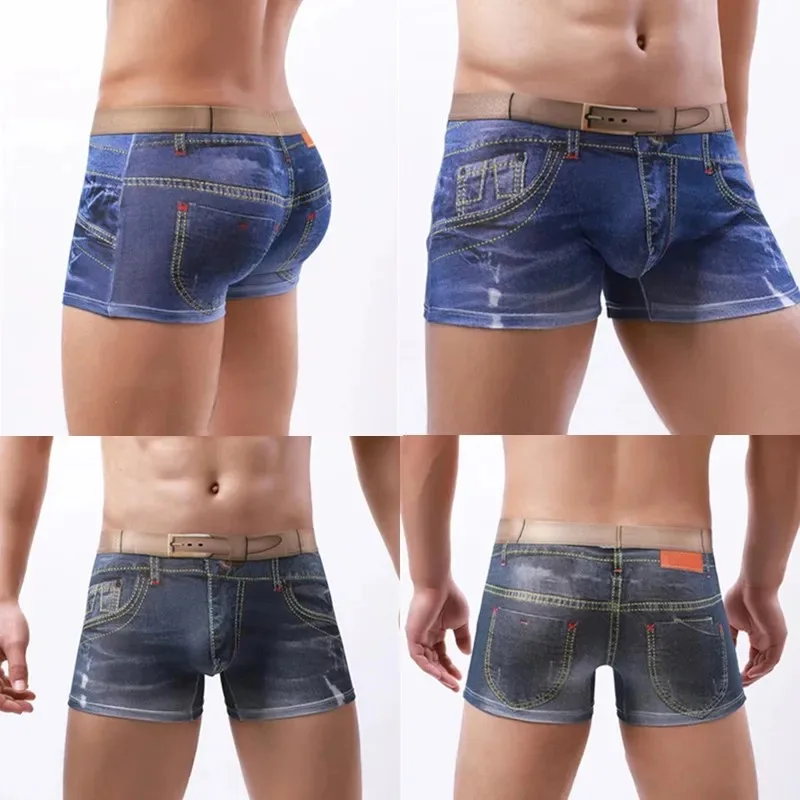 jeans panties Denim Printed Cotton Boxer Shorts Male Sexy U Convex Pouch Boxer Men high elastic 3D Convex underwear [fila]denim shoulder strap women bra boxer briefs set