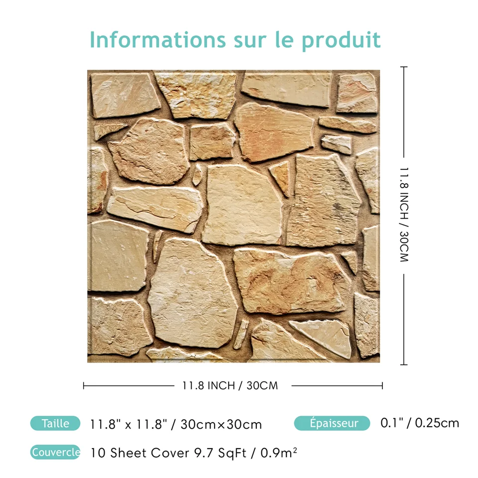 Stickers Muraux 3D Effet Brique Pierre Autocollants PVC Imperméables 60x30cm