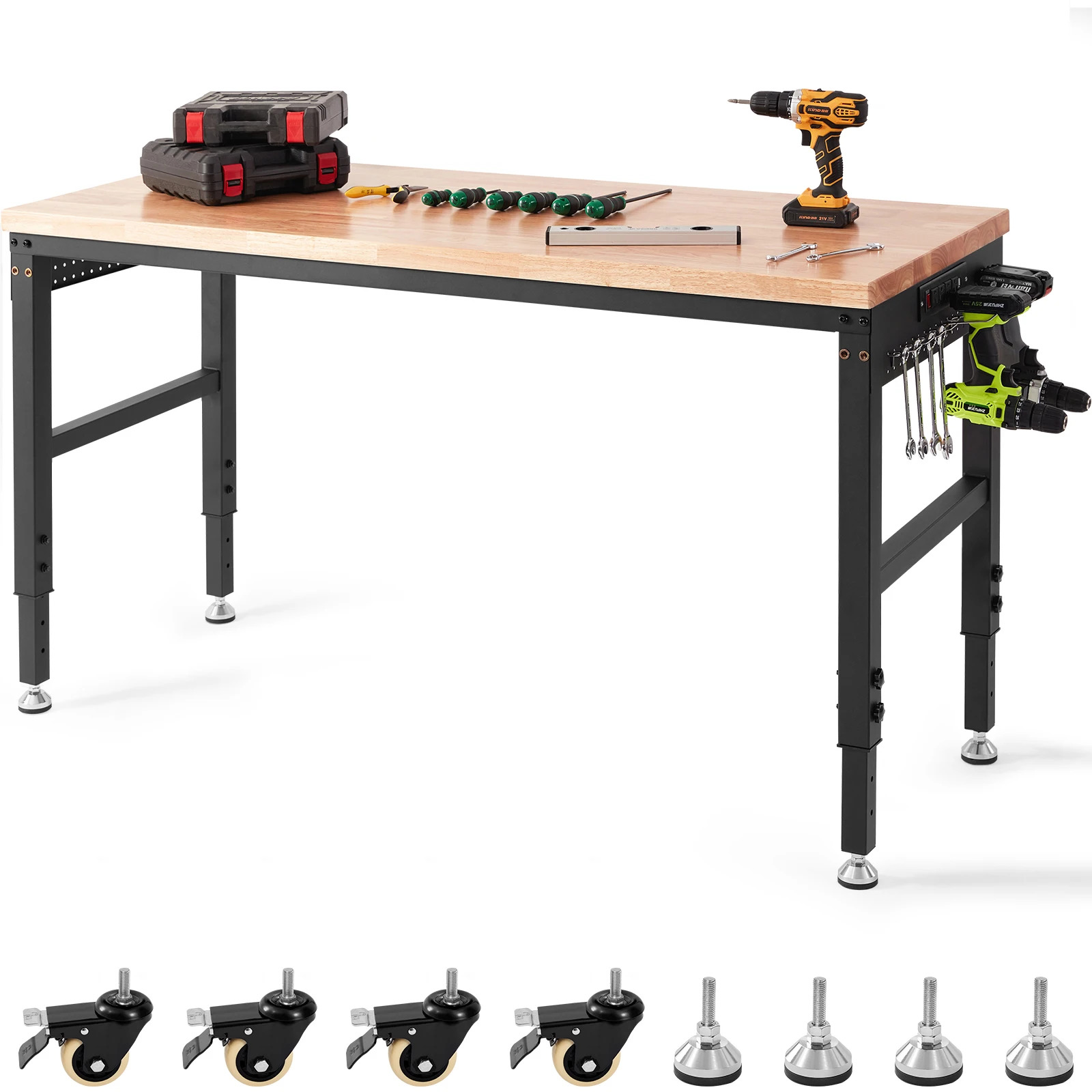 Adjustable Wood Workbench with Power Outlets for Garage