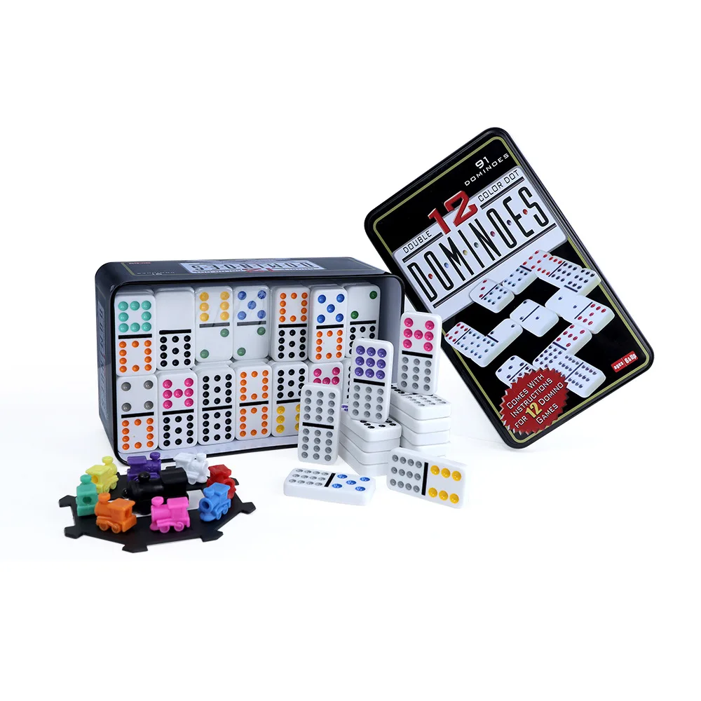 Mexican Train Dominoes 12 Double Twelve Dominoes Set for Adults Metal Box 91 Domino Pieces 2-8 Players Family Travel Board Game